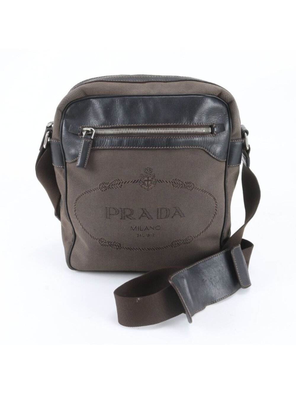 Prada Logo Jacquard Leather Shoulder Bag Crossbody Messenger Business Brown
